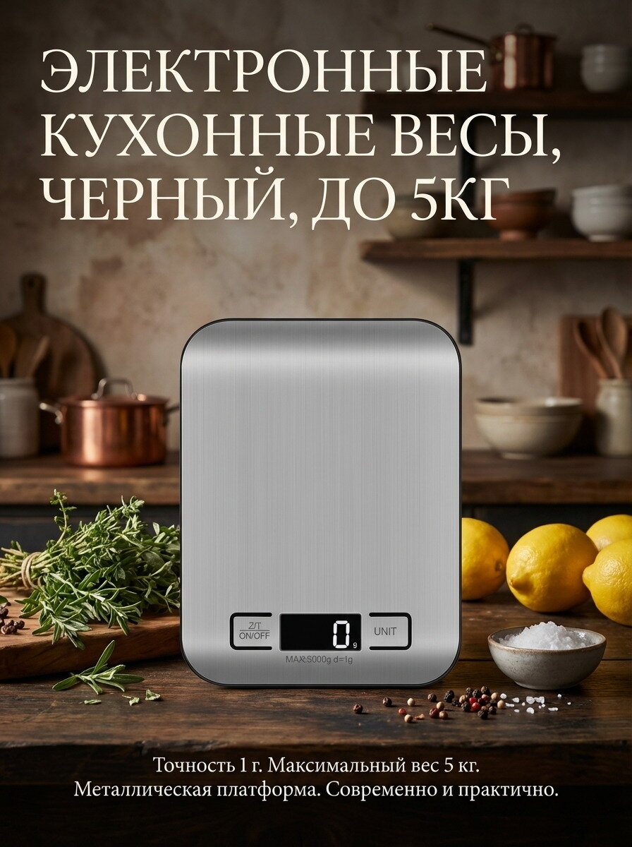Электронные кухонные весы, черный, до 5кг, 1шт