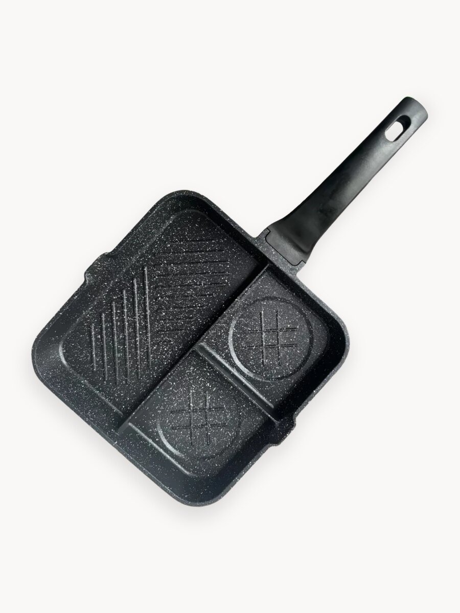 Сковорода-гриль с съемной ручкой, 3 секции, антипригарное гранитное покрытие, серая