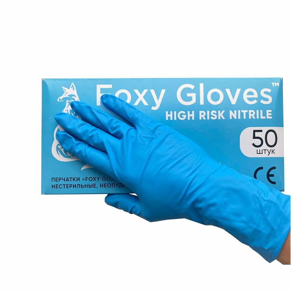 фото Перчатки нитриловые плотные High Risk Foxy Gloves (голубые), L 25 пар