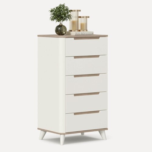 Изображение товара Комод для одежды деревянный Стефания с 5 ящиками, 55.6х42.6х104 см, Дуб Маувелла PR/Белый