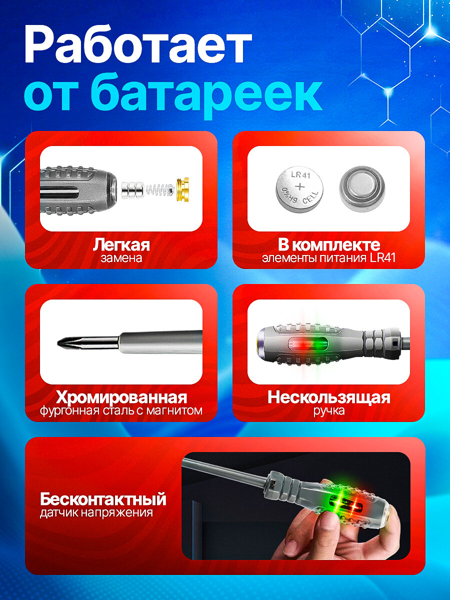 Индикаторная отвертка-тестер/индикатор напряжения, крестовая 1 шт. — фото 1