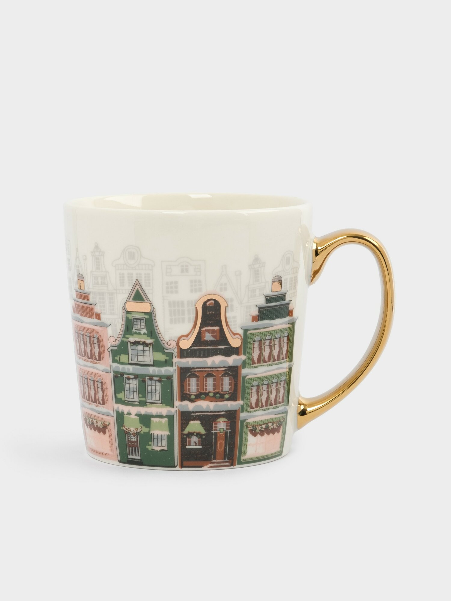 Кружка, 500 мл, костяной фарфор, бело-золотистая, Дома, Town (Anna Lafarg)