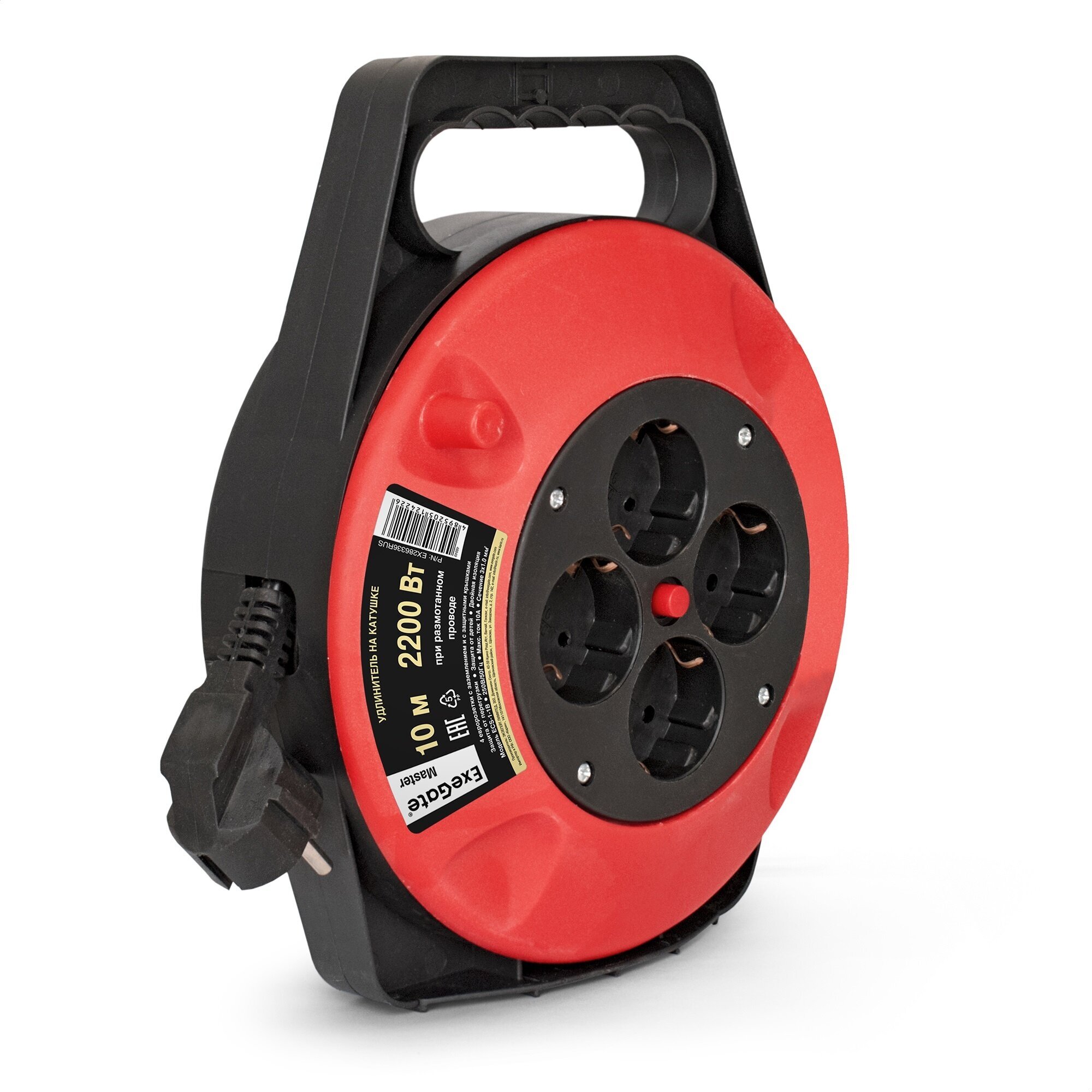 Удлинитель на катушке ExeGate Master ECS-1-1B (4 евророзетки с заземлением, 10м, защита от детей, защита от перегрузки, 3х1,0мм2, 10А/2.2кВт, Color Box) EX286336RUS