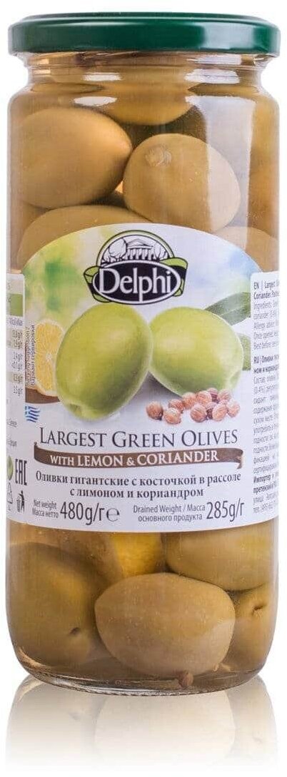 Оливки с/к маринованные с лимоном и кориандром DELPHI 480 г. Греция