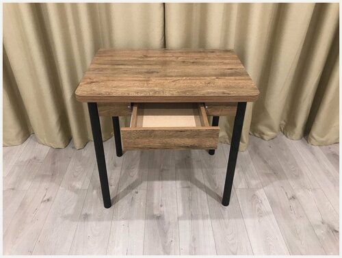 Изображение товара Стол обеденный с ящиком раздвижной 80 см на 60(120) см коричневый с черными ножками