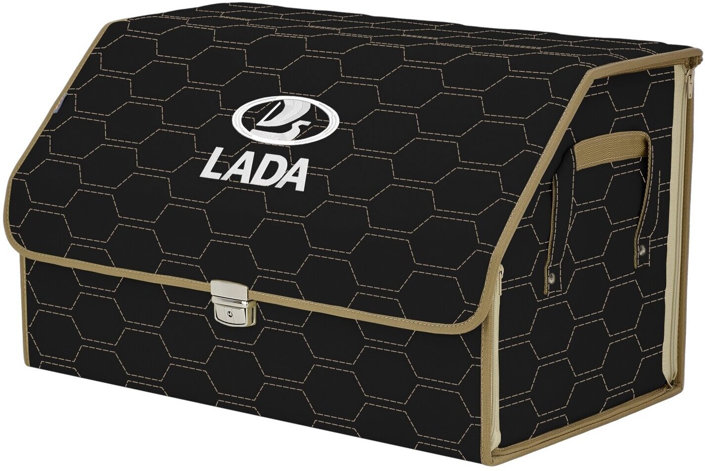 Органайзер-саквояж в багажник "Союз Премиум" (размер XL). Цвет: черный с бежевой прострочкой Соты и вышивкой LADA (лада).