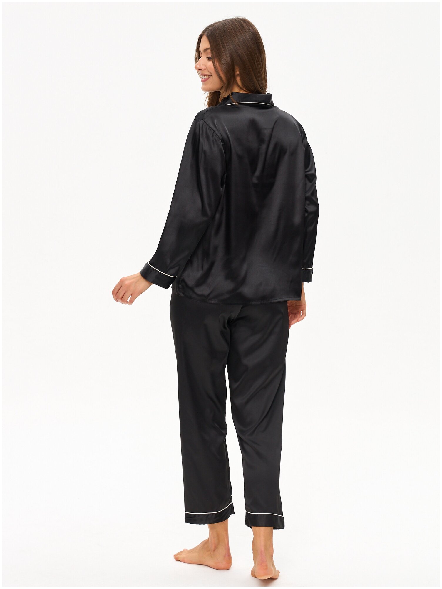 Пижама женская с брюками и рубашкой для сна, шелковая , атласная , домашняя одежда черная 42/М размер - фотография № 7