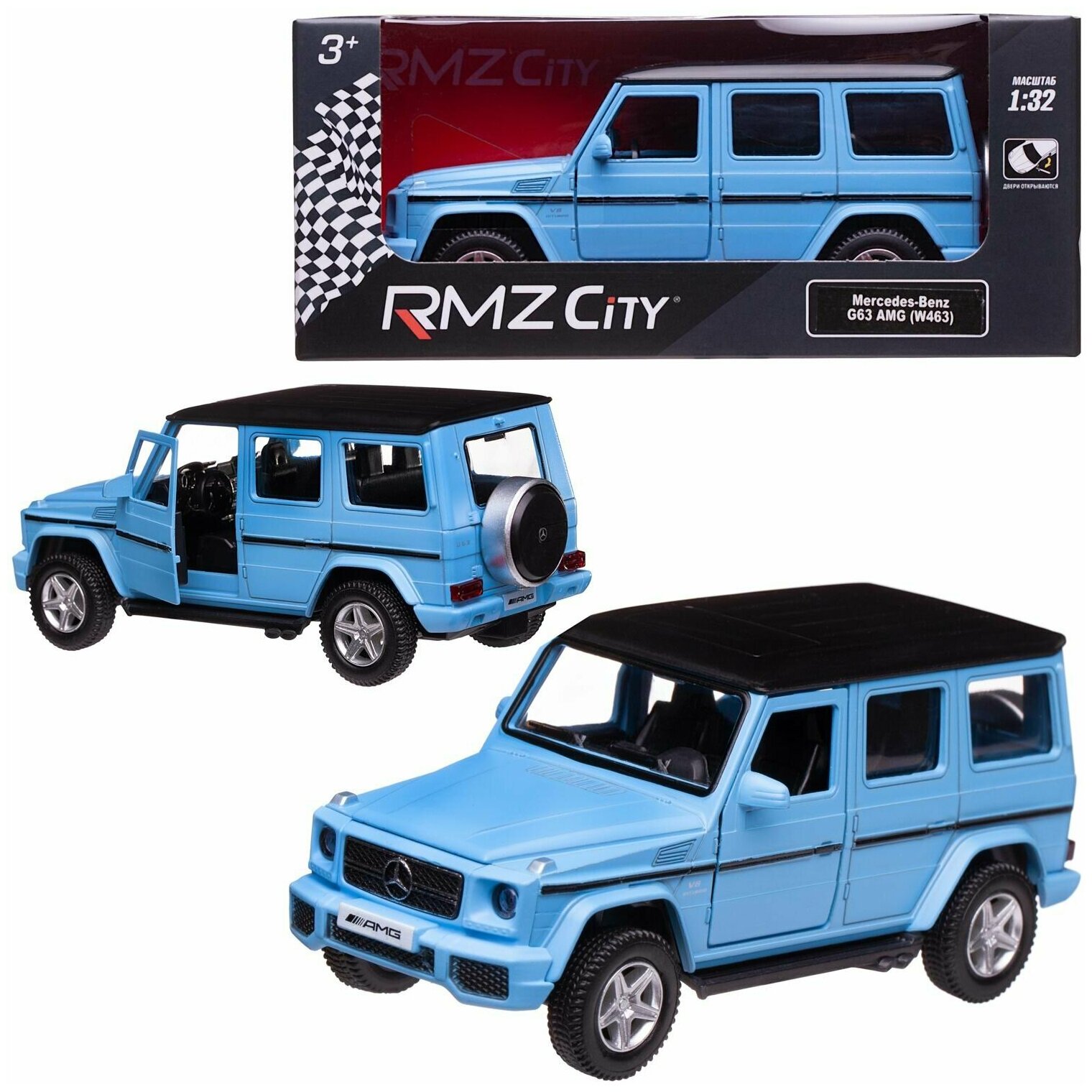 Машинка металлическая Uni-Fortune RMZ City серия 1:32 Mercedes Benz G63 AMG, инерционная, цвет матовый голубой, двери открываются