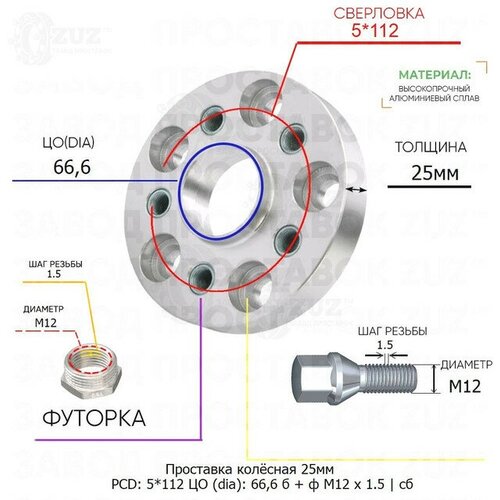 Проставка колёсная 25мм 5*112 ЦО 66,6 Крепёж в комплекте Болт + Футорка М12*1,5 ступичная с бортиком для дисков на ступицу 5x112 5х112