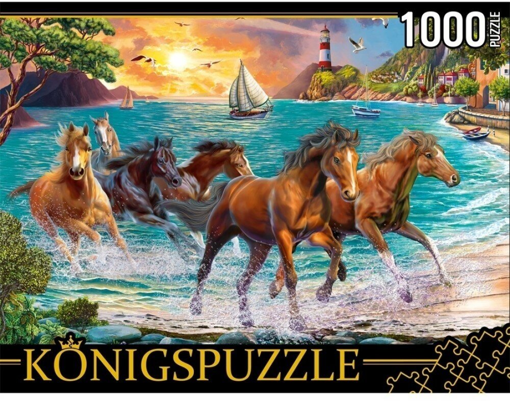 Пазлы Рыжий кот Konigspuzzle, 1000 деталей, "Лошади у моря на закате"