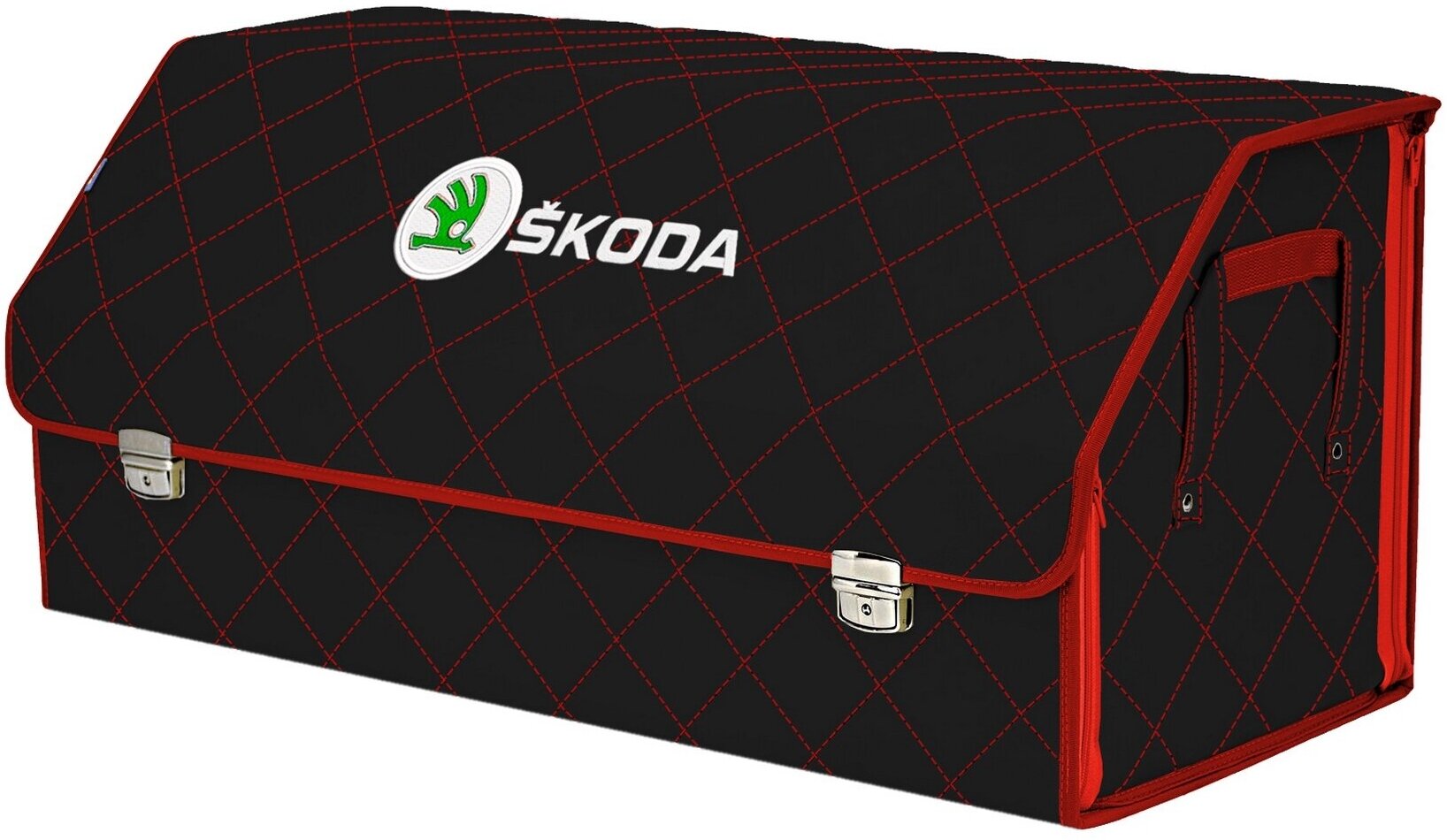 Органайзер-саквояж в багажник "Союз Премиум" (размер XXL). Цвет: черный с красной прострочкой Ромб и вышивкой Skoda (Шкода).