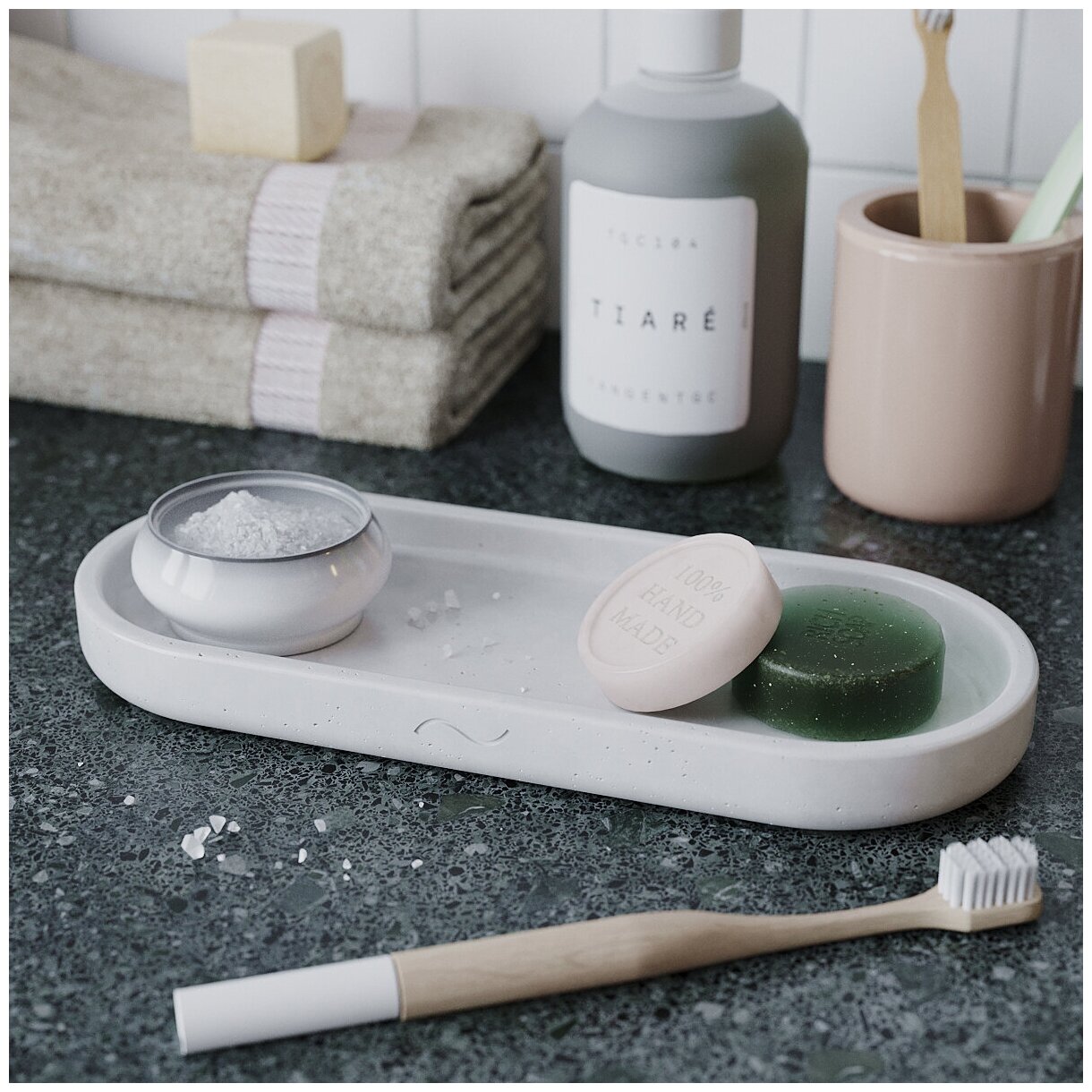 фото Декоративный поднос, подставка в ванную, органайзер для косметики и мелочей Astrid S, 26x11 см, бетон