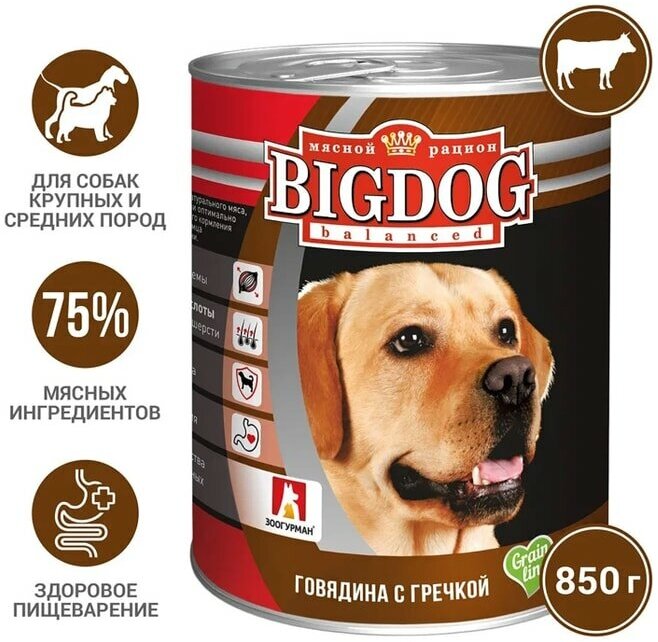 Влажный корм для собак Зоогурман Big Dog balanced Говядина с гречкой 850г