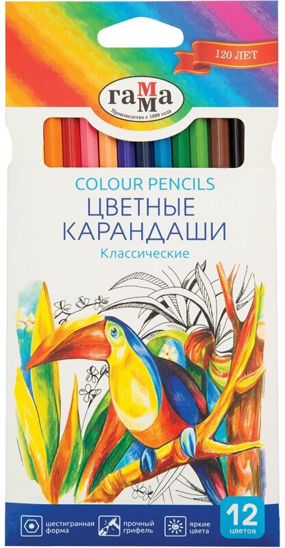 Карандаши цветные Гамма "Классические", 12 цветов, заточенные, картонная упаковка, европодвес (050918_02_02)