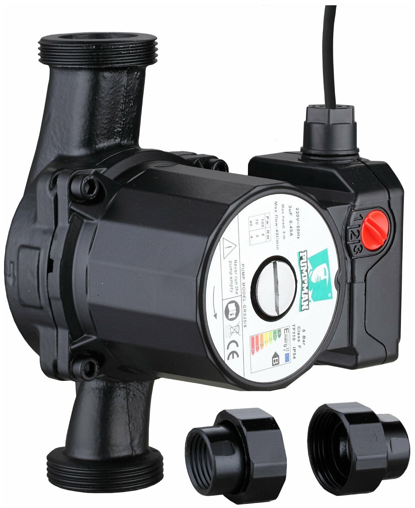 Циркуляционный насос TRS25/6-130 PUMPMAN (Pmax-100Вт Hmax-6м Qmax-42л/мин130мм с гайками и кабелем)