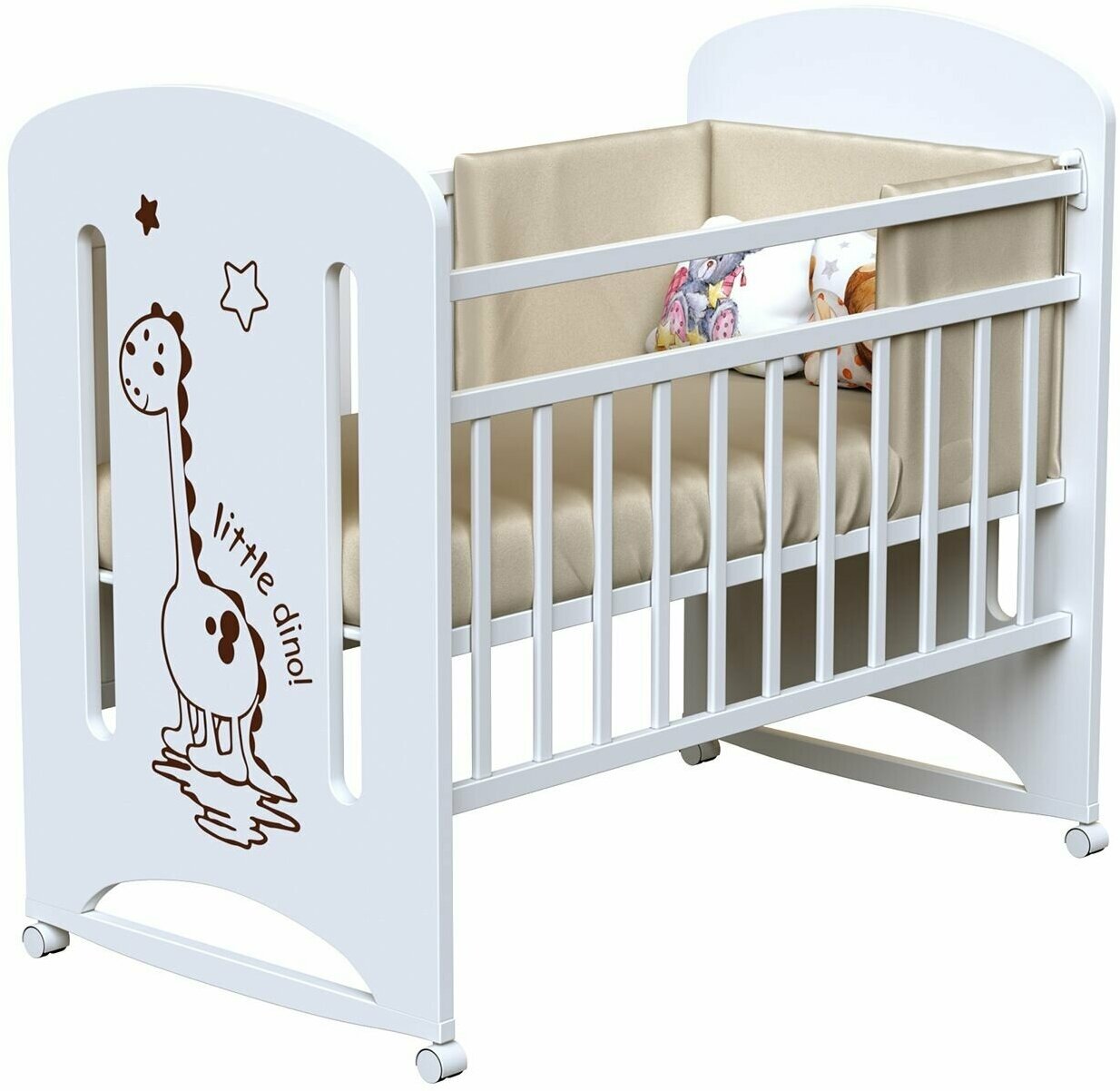 Кроватка детская для новорожденных ВДК DINO колесо-качалка, массив березы, белый
