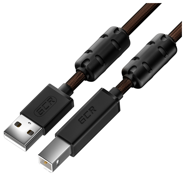 GCR Кабель PROF 2.0m USB 2.0, AM/BM, черно-прозрачный, ферритовые кольца, 28/24 AWG, экран, армирова