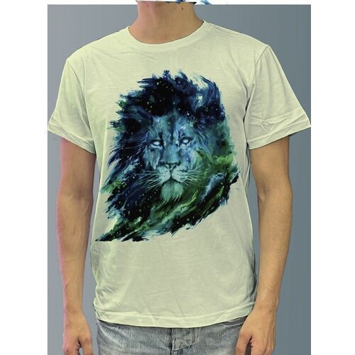 фото Футболка мужская белая молочный оттенок из хлопка с dtf рисунком лев - 942 будь на стиле