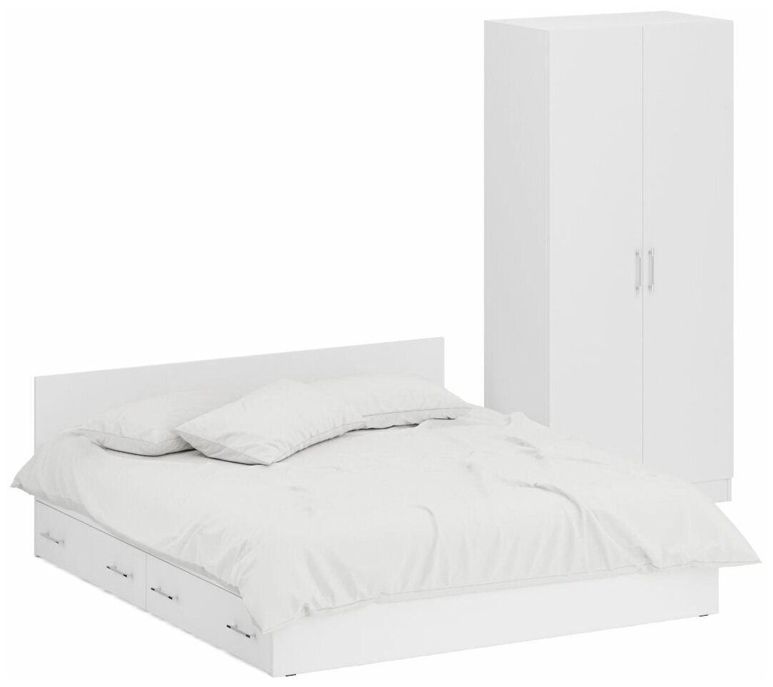 Кровать белая двуспальная с ящиками 1800 со шкафом для одежды 2-х створчатым Стандарт, цвет белый, спальное место 1800х2000 мм, без матраса, основани