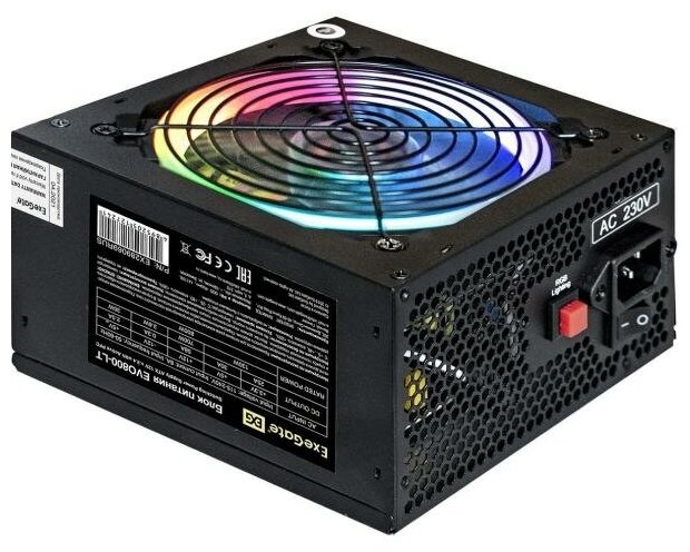 Блок питания 800W ExeGate EVO800-LT (ATX, APFC, PC, 12cm RGB fan, 24pin, (4+4)pin, PCI-E, 5xSATA, 3xIDE, FDD, black, кабель 220V в комплекте)