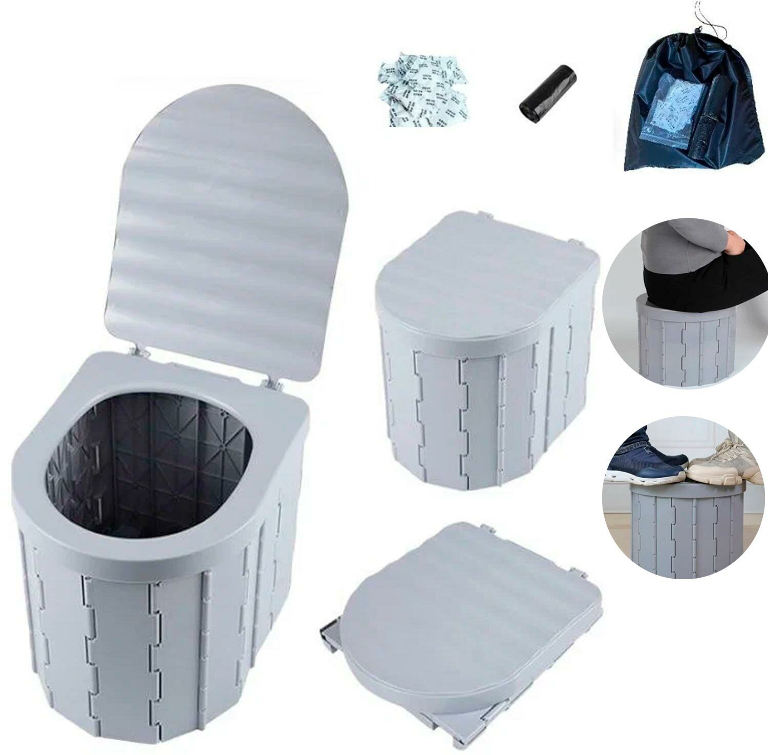 Складной туалет с крышкой и чехлом для дачи и кемпинга / Компактный унитаз / Биотуалет / Переносной "Горшок"