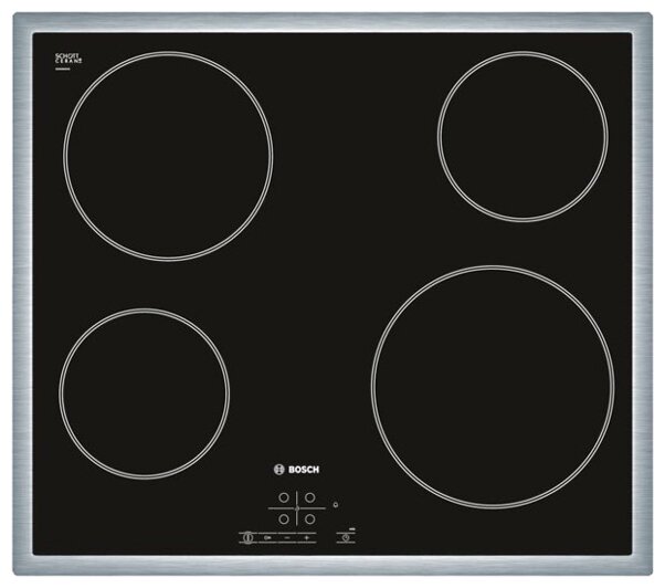 Электрическая варочная панель BOSCH PKE645B17, с рамкой, цвет панели черный, цвет рамки серебристый