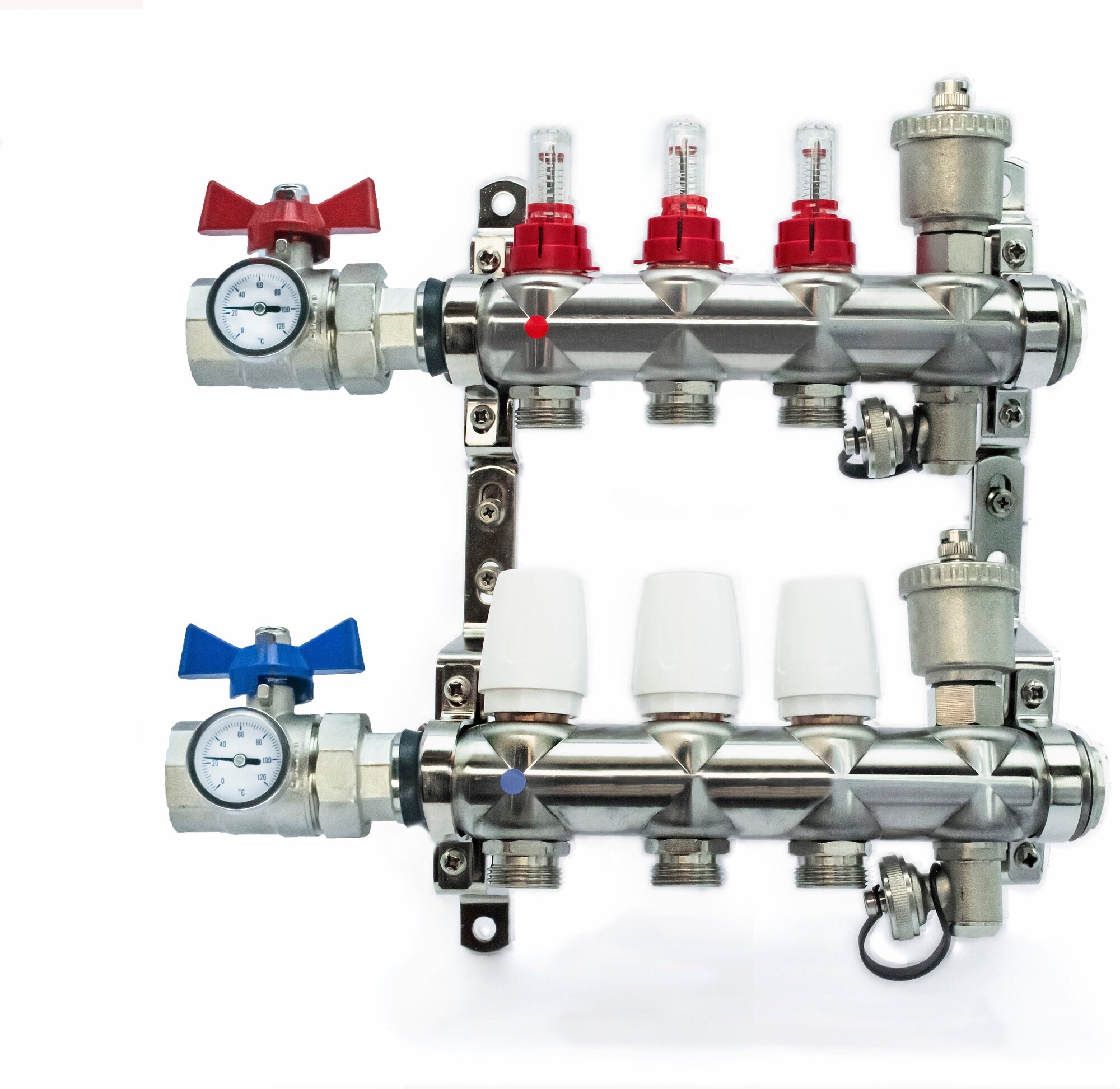 фото Коллектор для теплого пола в сборе 3-вых VIEIR нерж. С кранами 1"x3/4"