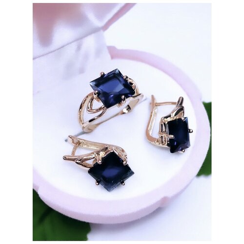 Комлпект бижутерии из дубайского золота КТ887 синие цирконы: серьги кольцо р.17