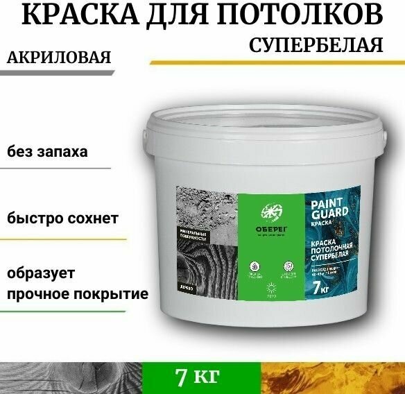 Краска для потолка супербелая (матовая) PaintGuard - 10л/14кг