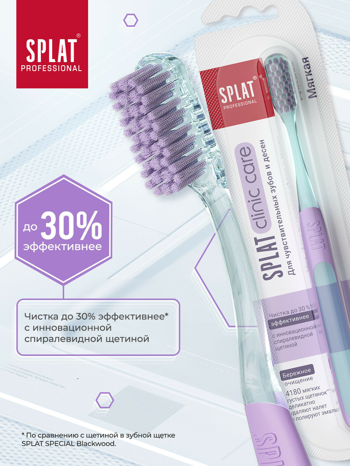Зубная щетка SPLAT Clinic Care для отбеливания зубов, мягкая, фиолетовая/оливковая, 2 шт — фото 1