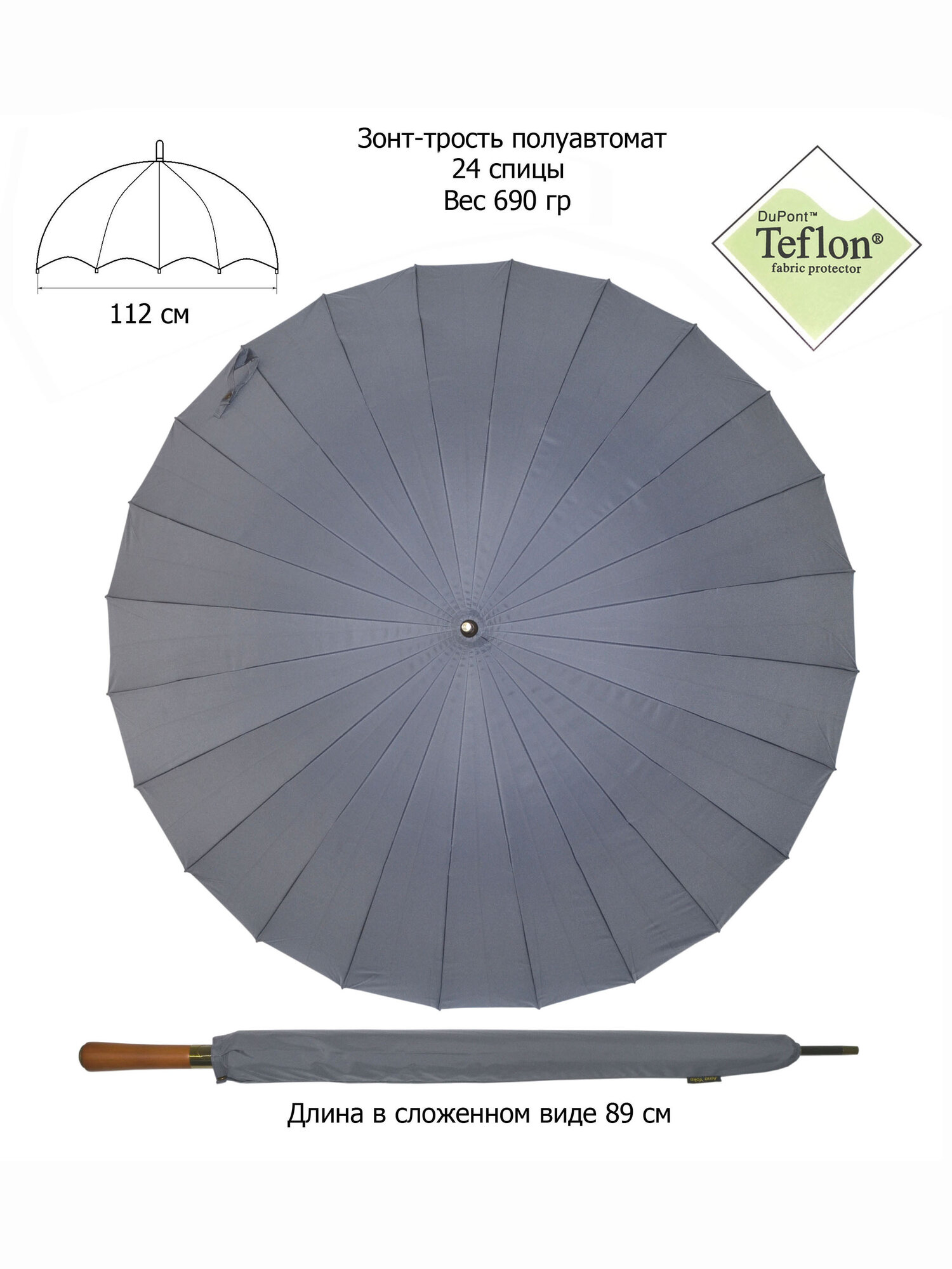 Зонт-трость Ame Yoke, серый — фото 1