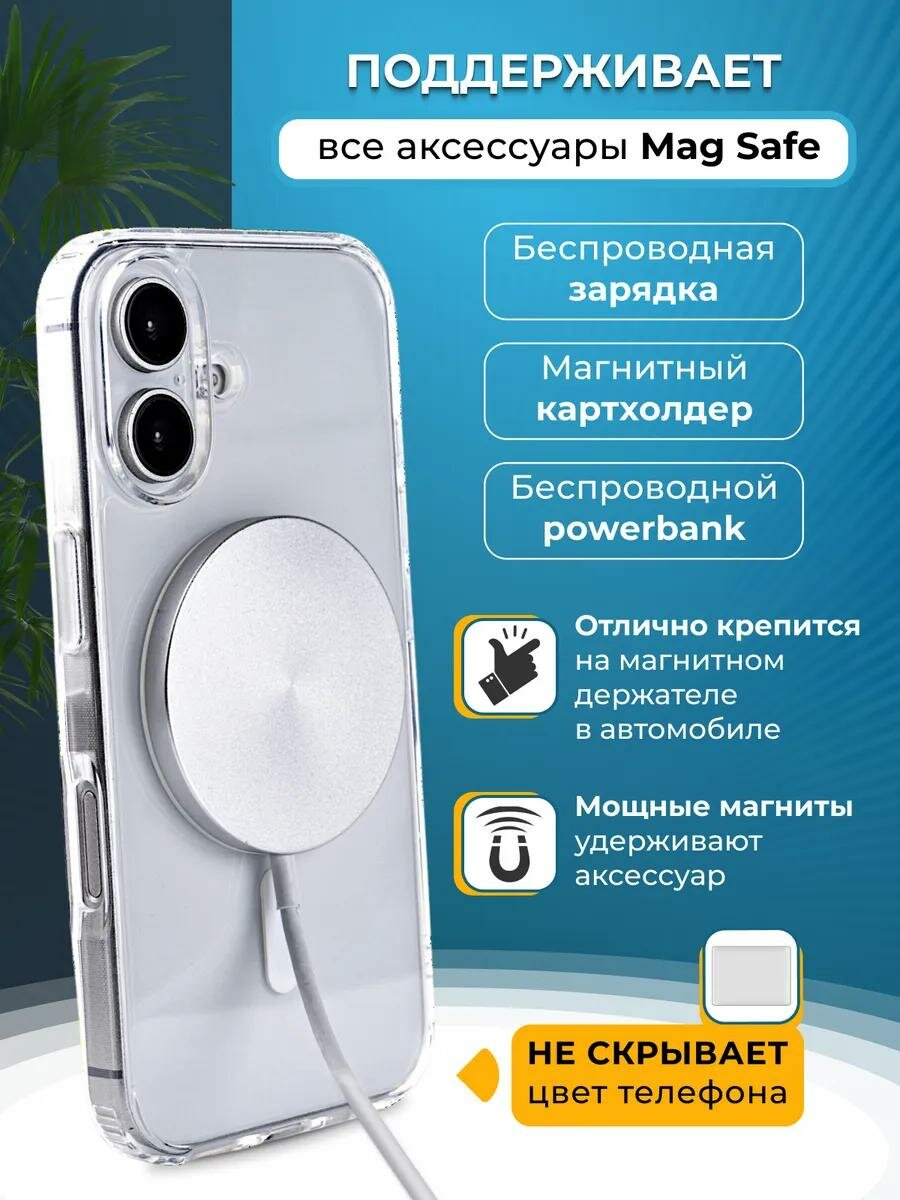 Чехол для iPhone 16 MagSafe, прозрачный, силиконовый, ударопрочный — фото 1