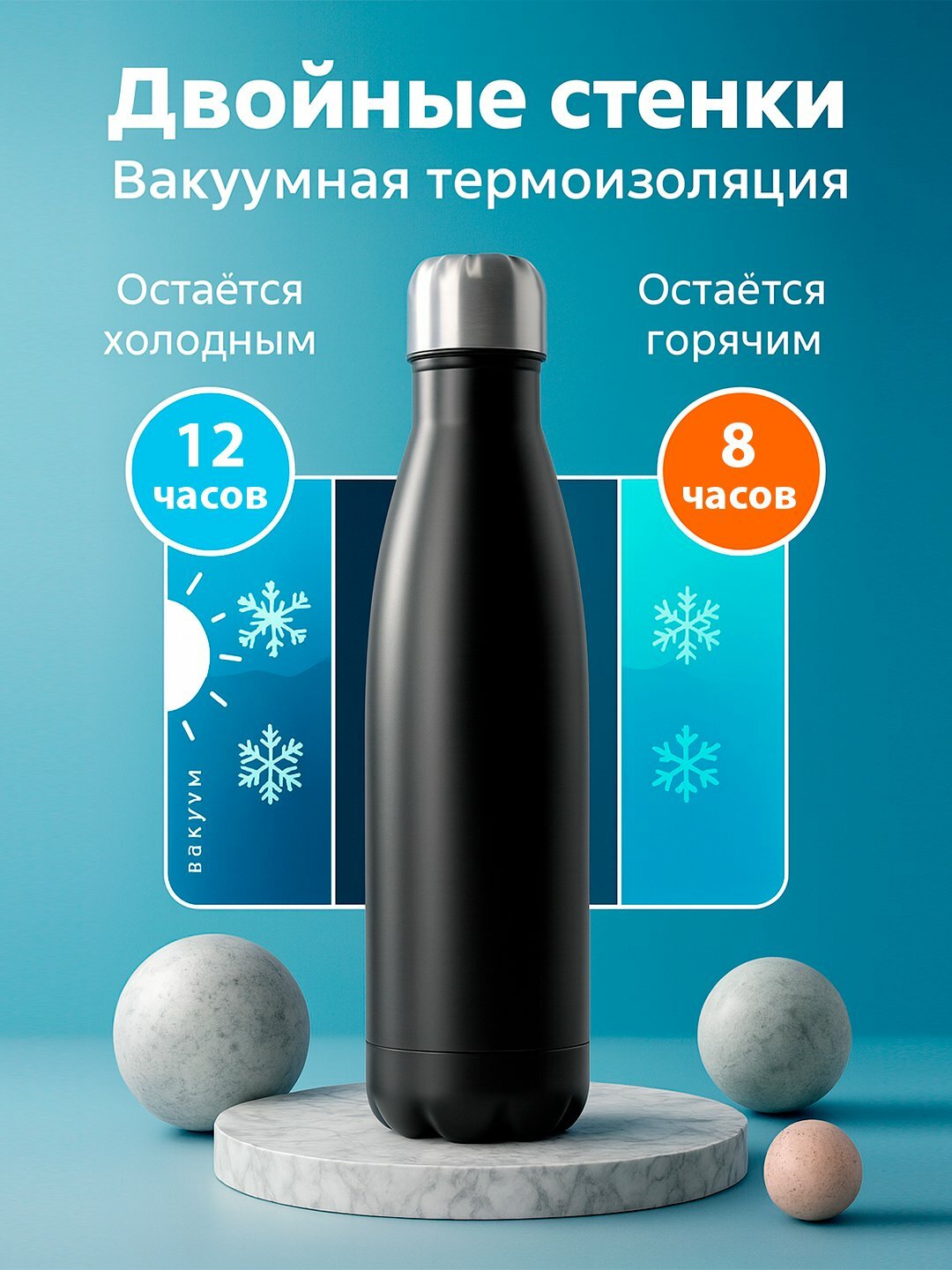 Термос бутылка 500 мл и 750 мл из нержавеющей стали - держит тепло и холод до 12 часов — фото 1