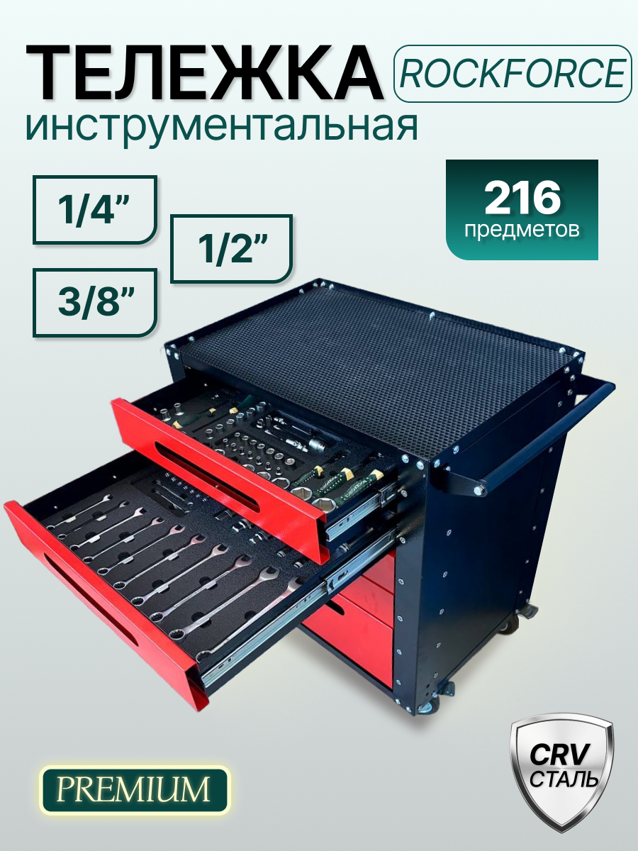 Тележка инструментальная Rock Force Premium с набором инструментов 216 предметов в мягких ложементах