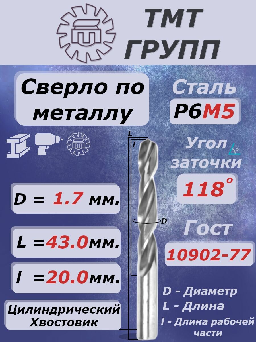 Сверло по металлу, цилиндрический хвостовик, ц/х, 1.7 мм. Р6М5 с*