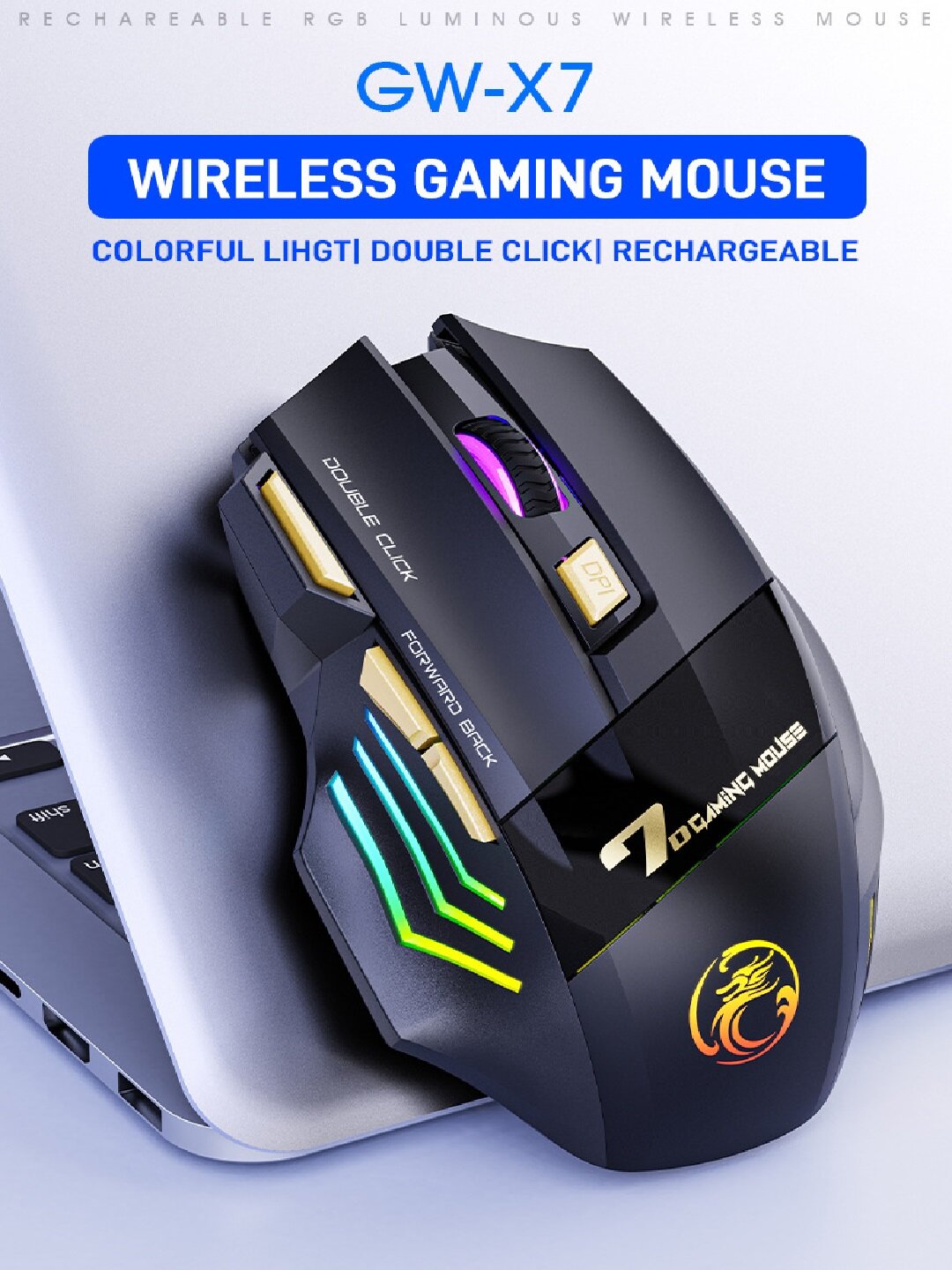 IMICE GW-X7Бесшумная беспроводная2.4G+BT4.0/5.1. 7клавишная светящаяся игровая мышь3200DPI