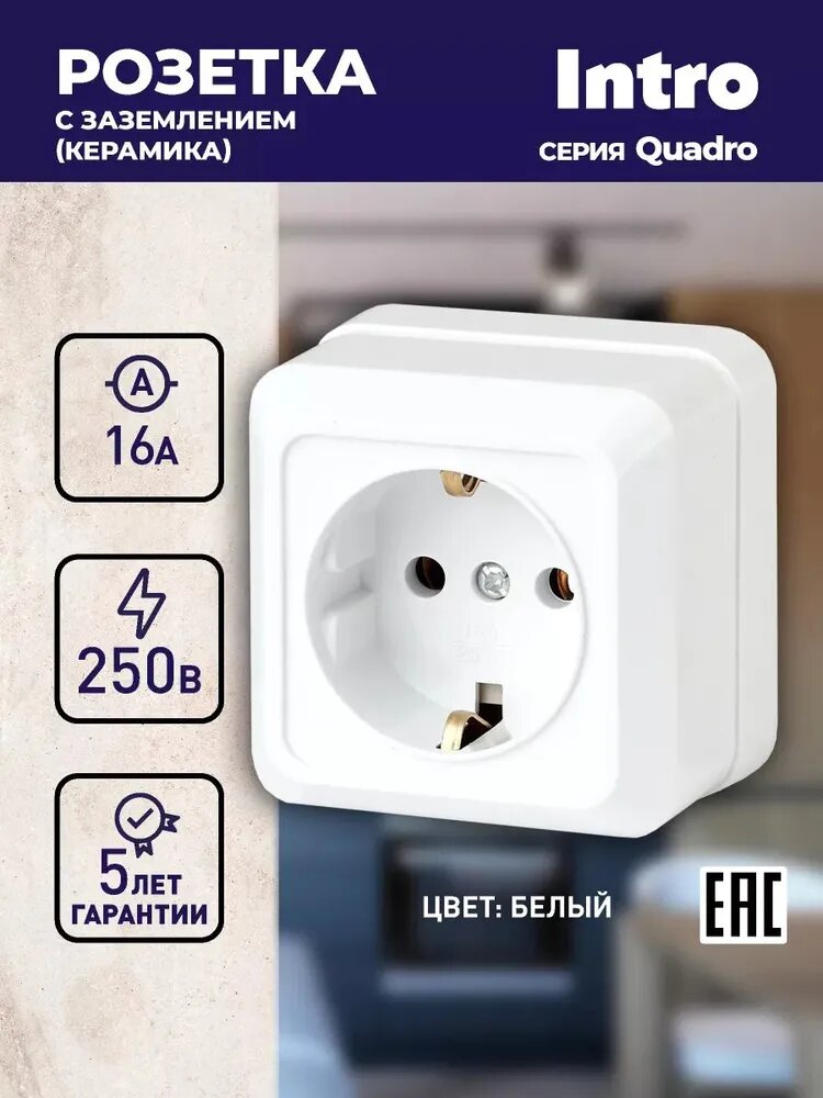 Розетка Intro Quadro 2-202-01 с заземлением 2P+E Schuko 16А-250В IP20 открытой установки белая