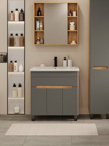 Изображение товара Тумба напольная Vannika Bliss 80 с раковиной Como 80 для ванной комнаты, графит софт