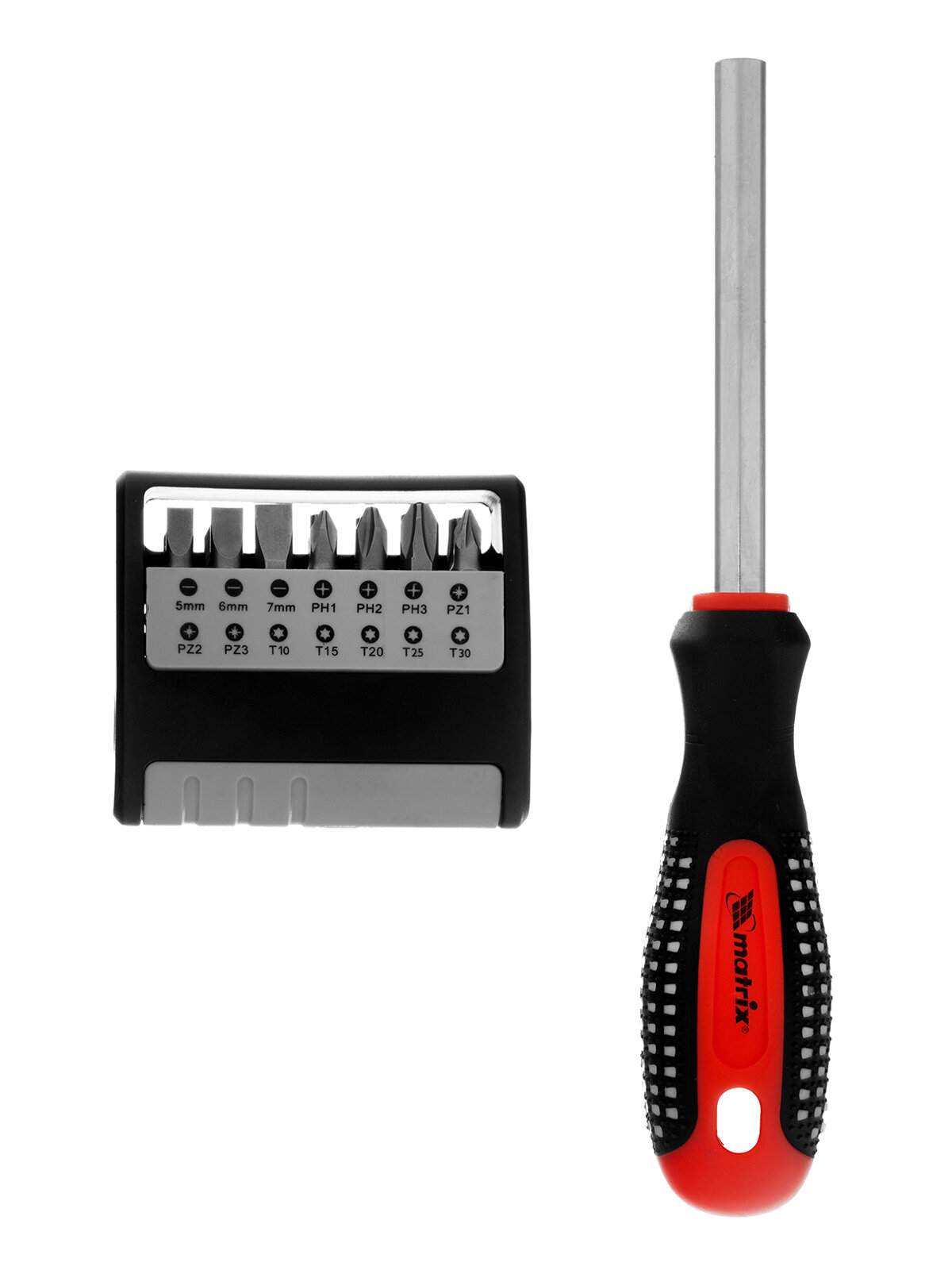 Отвёртка с набором бит Matrix из 14 бит из стали CrV со шлицами SL PH PZ и Torx 11337