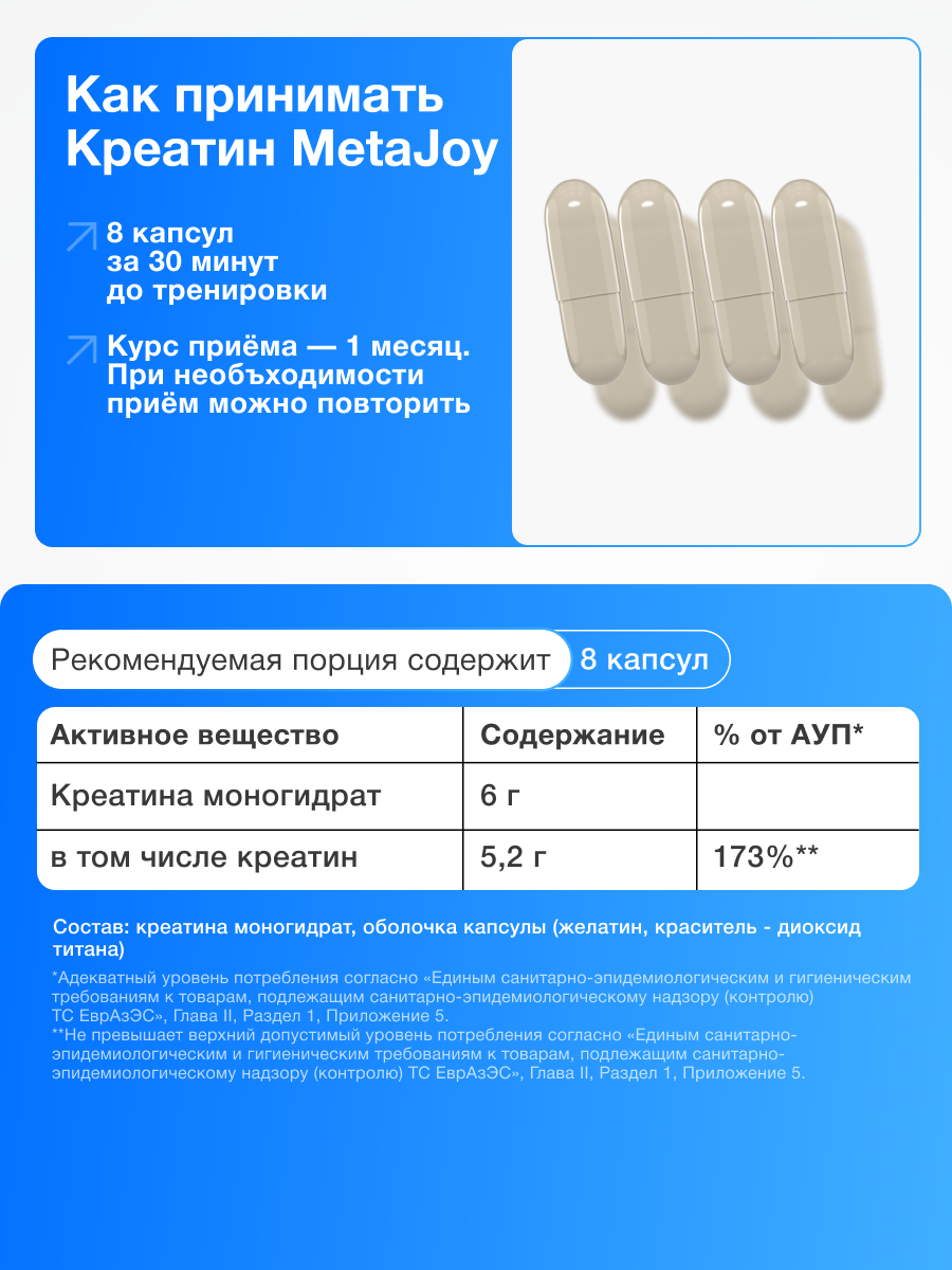 Креатин MetaJoy Creatine Monohydrate, нейтральный, 100% моногидрат в капсулах, 120 капсул — фото 1