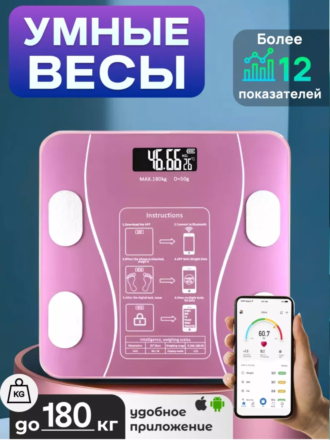 Весы электронные, для дома, напольные, прозрачные, стеклянные, квадратные, до 180 кг, 26 х 26см