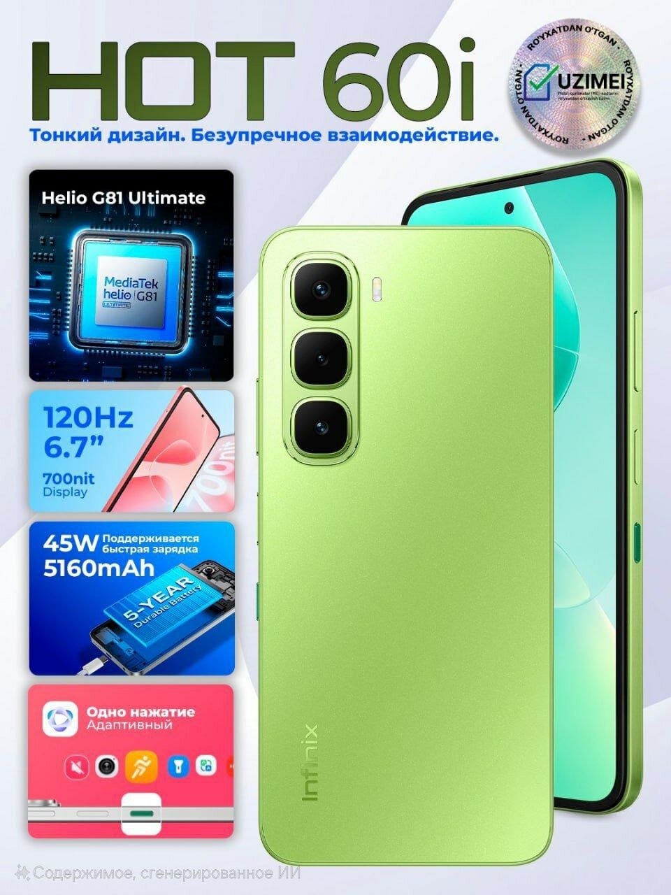 Смартфон Infinix Hot 60i 4/128 ГБ, 120 Гц, 45 Вт, Face ID Зеленый