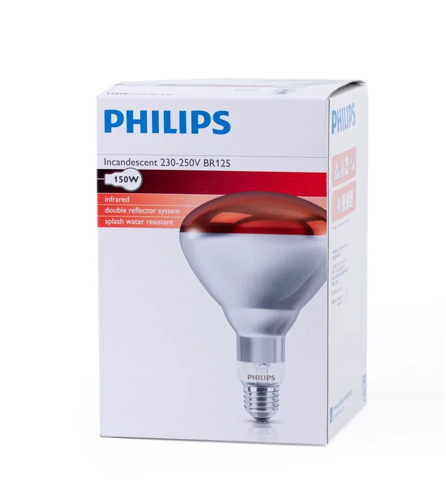 Инфракрасная лампа Philips BR125 IR 150Вт E27 зеркальная красная стеклом. ( для обогрева курятника цыплят животных продуктов питания)