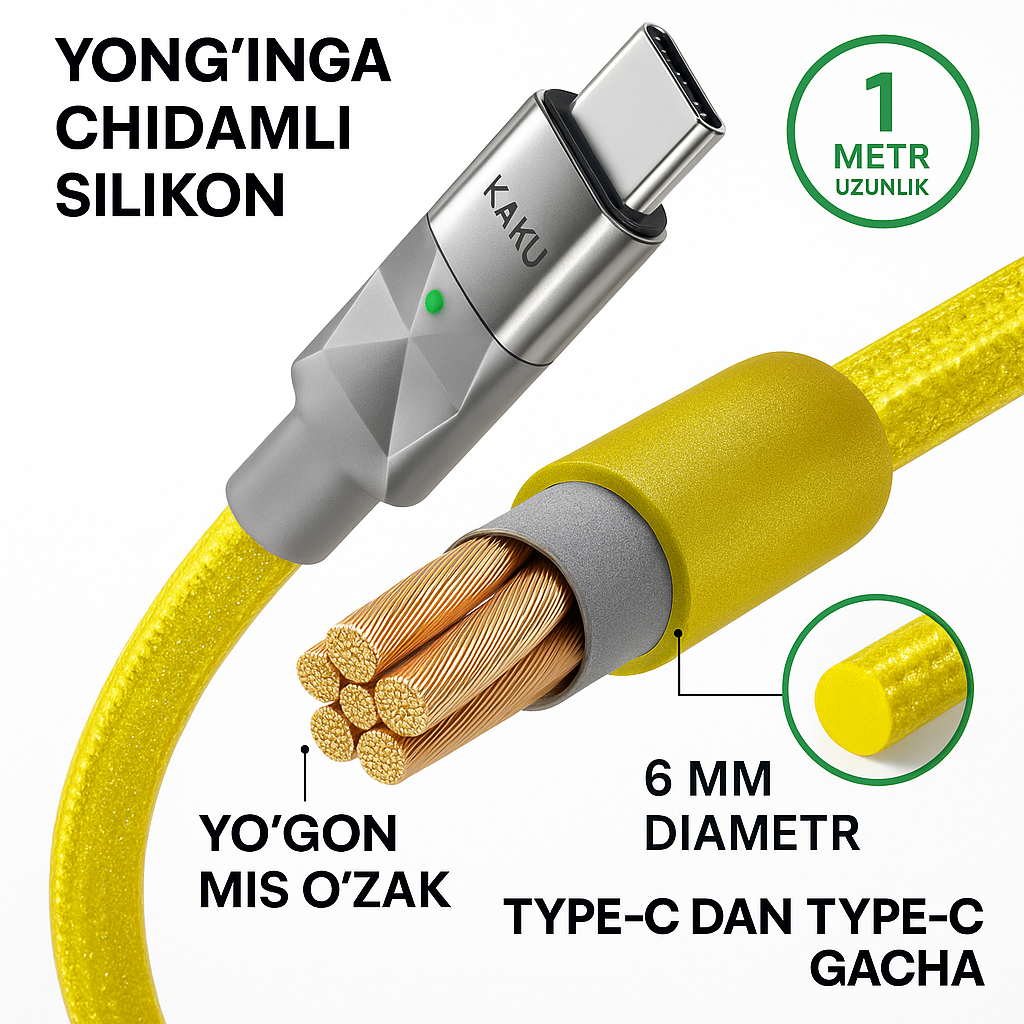 Кабель KAKUSIGA 100 Вт, Type-C - Type-C, 1 м, со светодиодным индикатором, диаметр 6 мм, огнестойкий провод