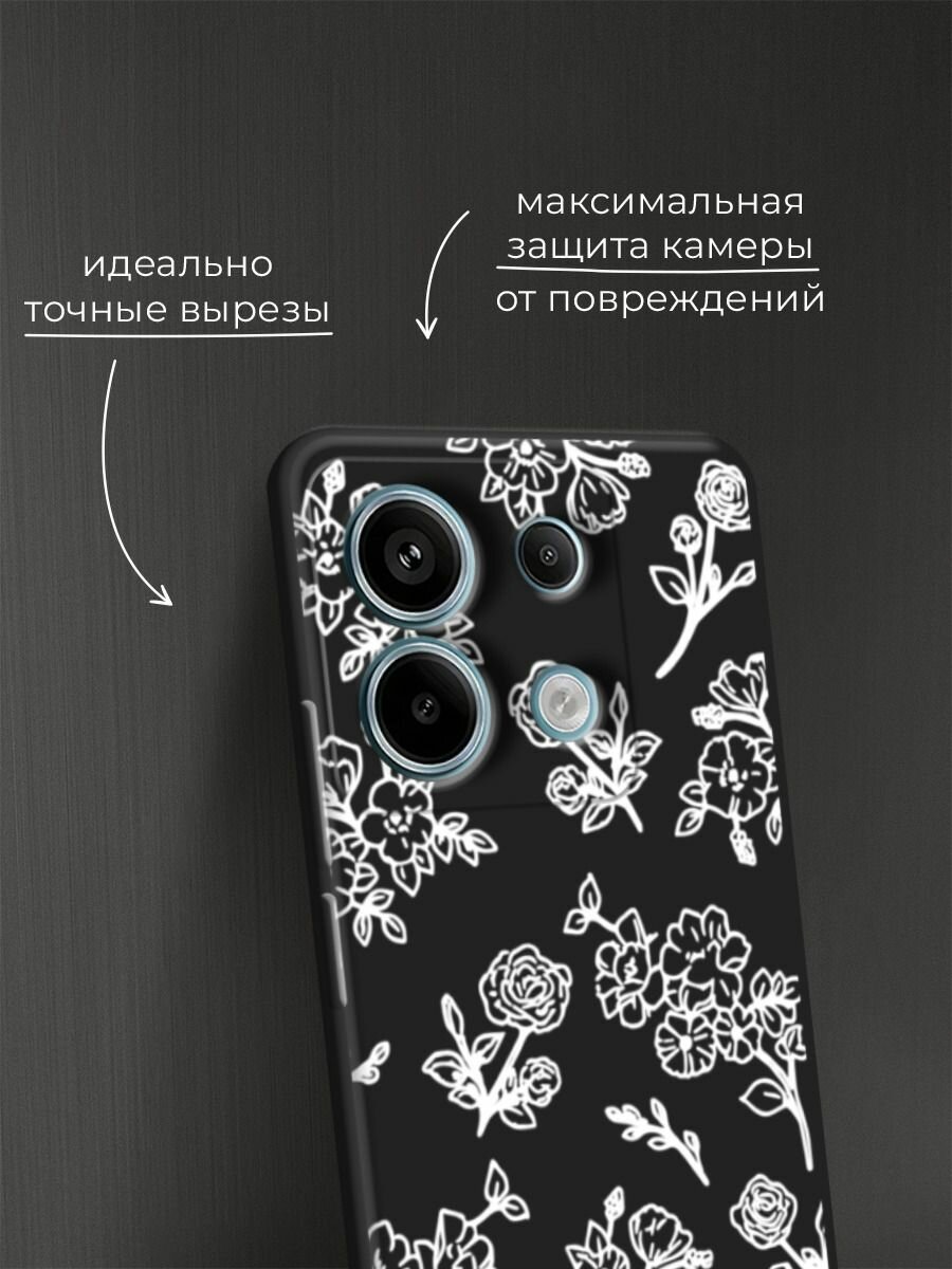 Черный матовый чехол на Poco X6/Redmi Note 13 Pro 5G / Поко Х6/Сяоми Редми Нот 13 Про 5G с принтом "Белые розы паттерн" — фото 1