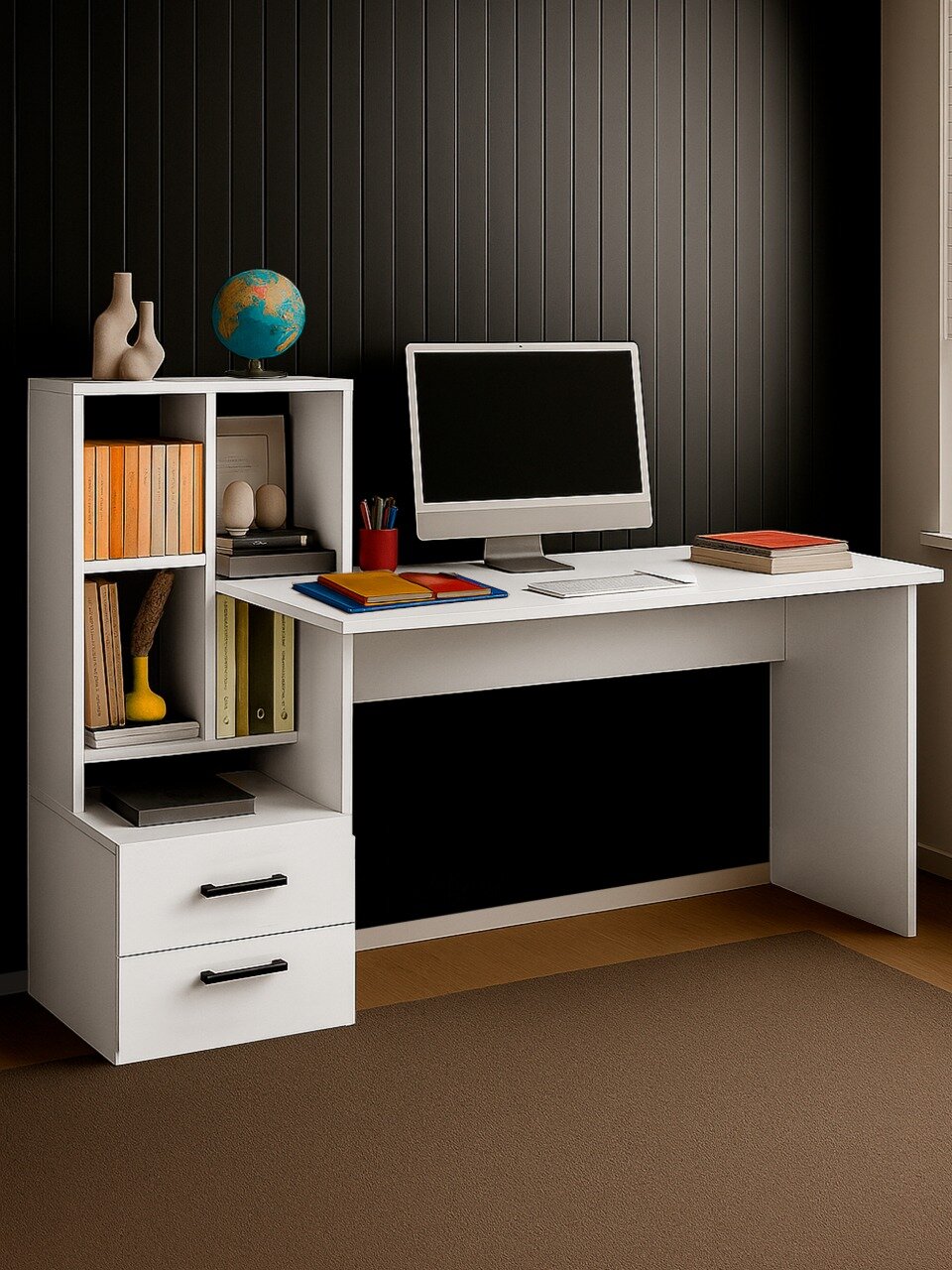 Стол компьютерный, письменный для школьника с ящиками и полками Виво-5, 110x165x60 см, цвет Белый