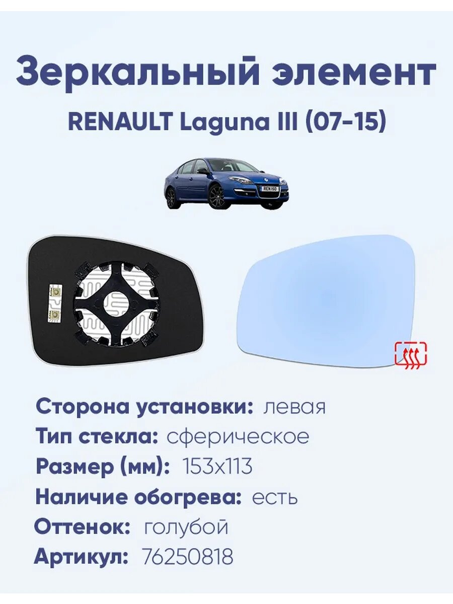 Зеркальный элемент левый RENAULT Laguna III (07-15) сфера голубой с обогревом