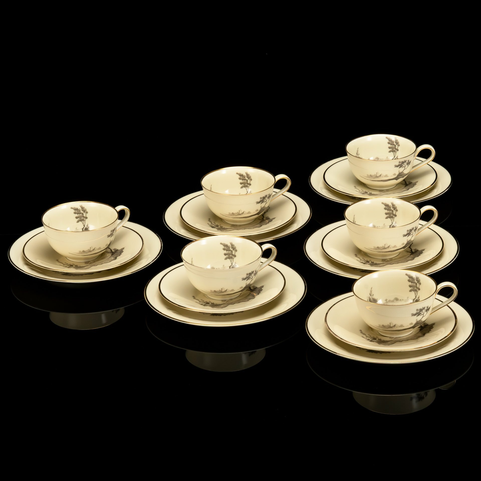 Набор чайных трио с изображением пейзажа на 6 персон, фарфор, деколь, золочение