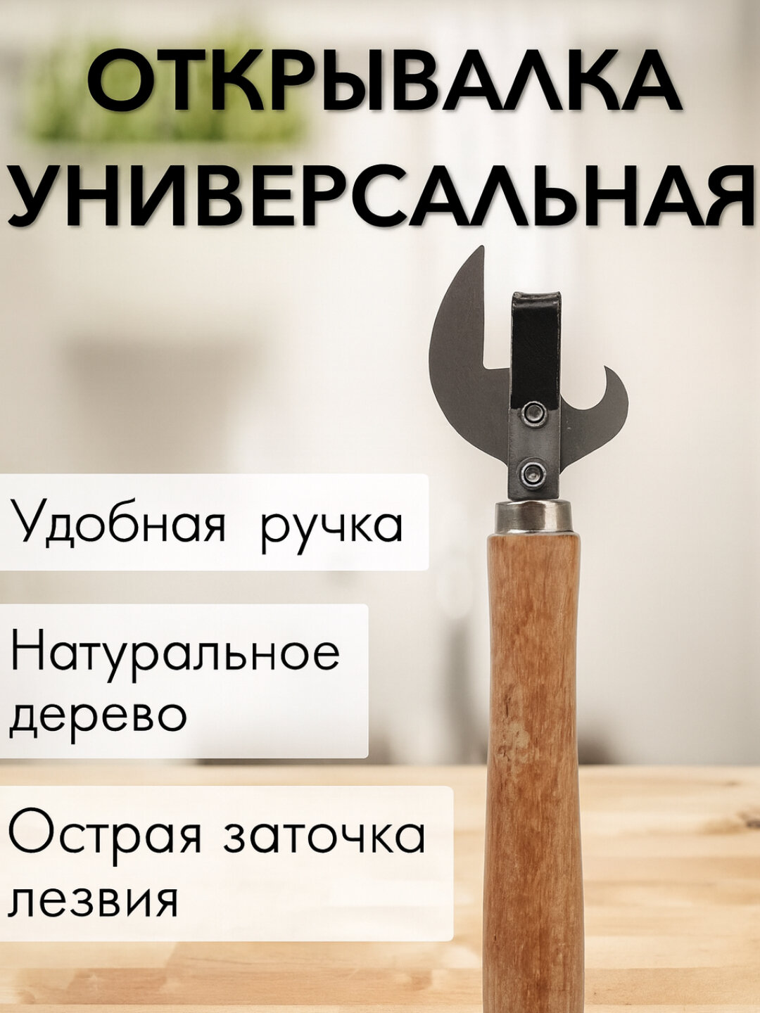 Открывашка, универсальная, деревянная, стальная, для банок/консервов