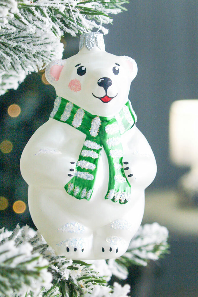 Елочная игрушка медвежонок умка, зелёный шарф, 85 мм, Елочка С973-зел